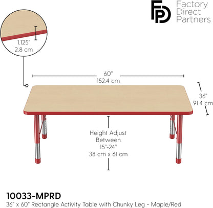 Factory Direct Partners FDP Rectangle Activity School and Classroom Kids Table (36 x 60 inch), Toddler Leg, Adjustable Height 15-24 inches - Maple Top and Red Edge