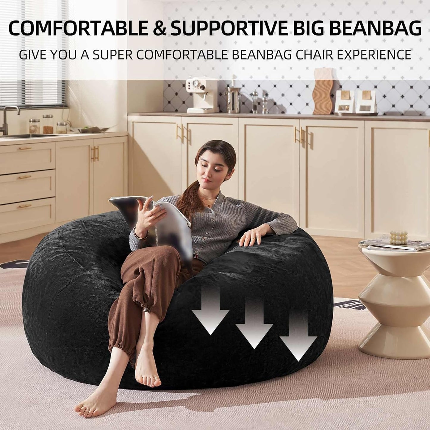 Bean Bag Chair 4Ft, Memory Foam Filled, Large Beanbag Chairs for Adults and Teens, Soft Sofa with Removable Flannel Cover, Round Couch for Living Room Bedroom College Dorm (Black, 4FT-47×47"×24")