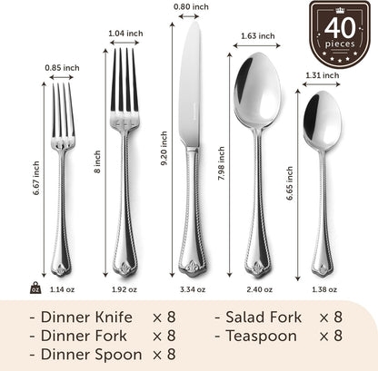 KINGSTONE Silverware Set, 40-piece 18/10 Stainless Steel Flatware Set Cutlery Set for 8, for Kitchen, Home, Wedding, Party, Mirror Polished and Dishwasher Safe, Featured Gifts