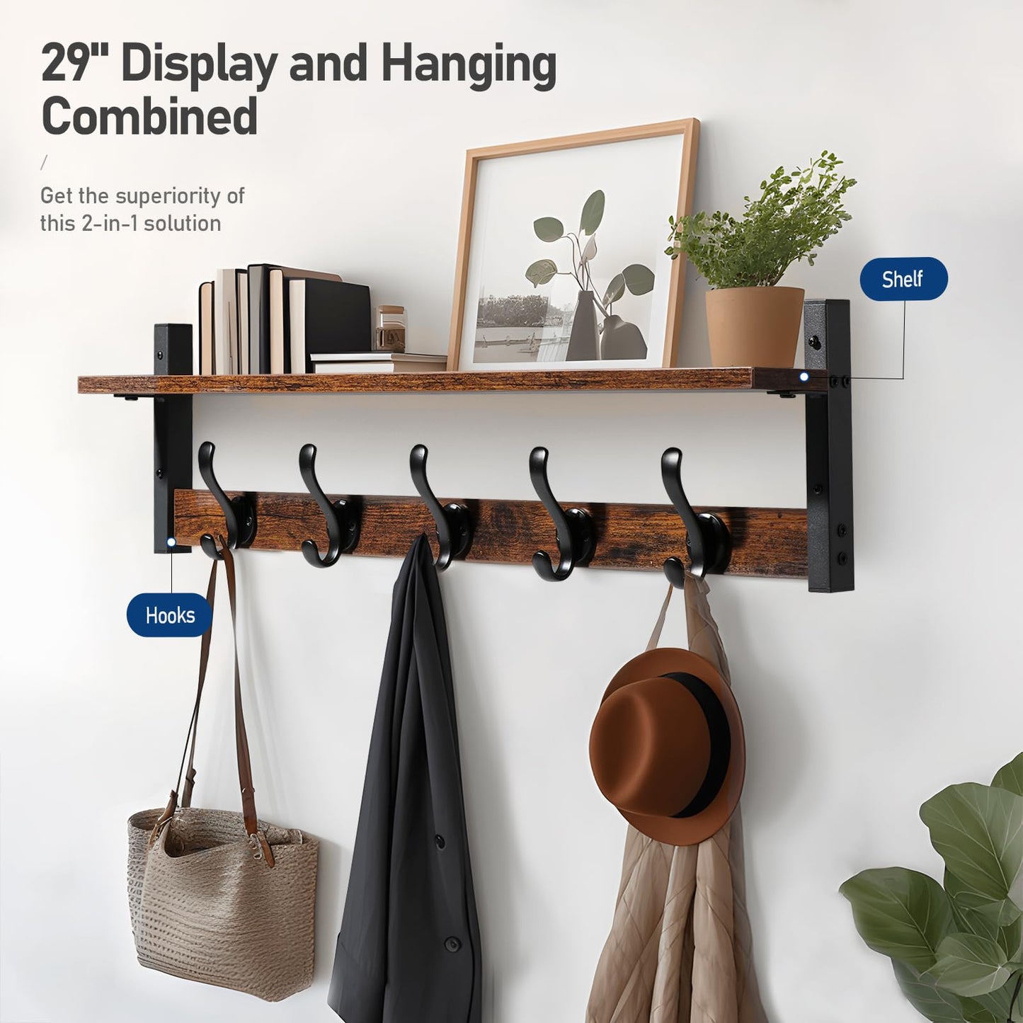 Tatub 29" Rustic Coat Rack Wall Mount with Shelf, Entryway Wall Hooks with Shelf, Coat Hangers for