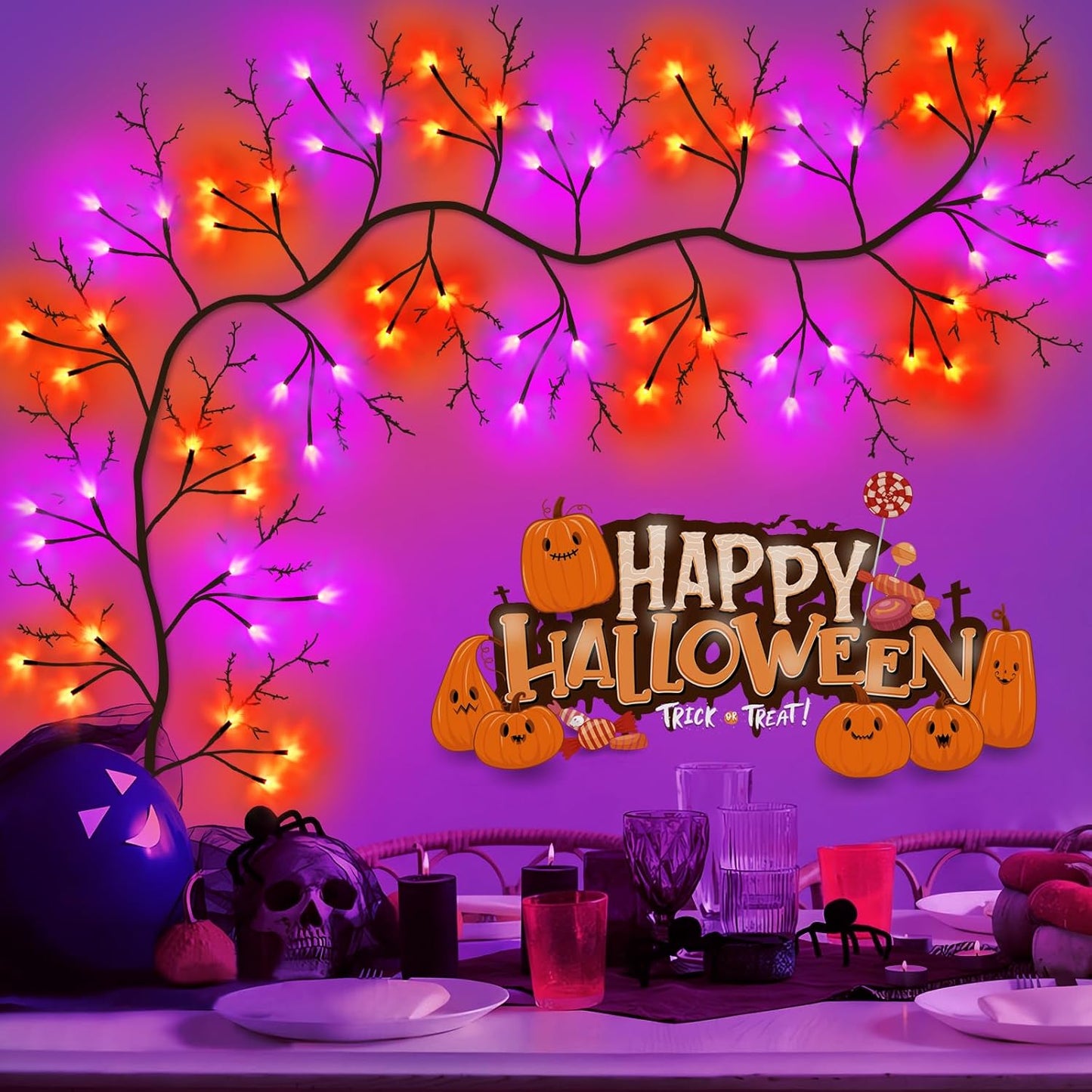 7 Ft Halloween Decorations Willow Vine Twig Garland with 8 Modes Timer 63 LED Orange Purple Lights, Halloween Garland with Waterproof Battery Operated for Wall Fireplace Decorations Indoor Outdoor