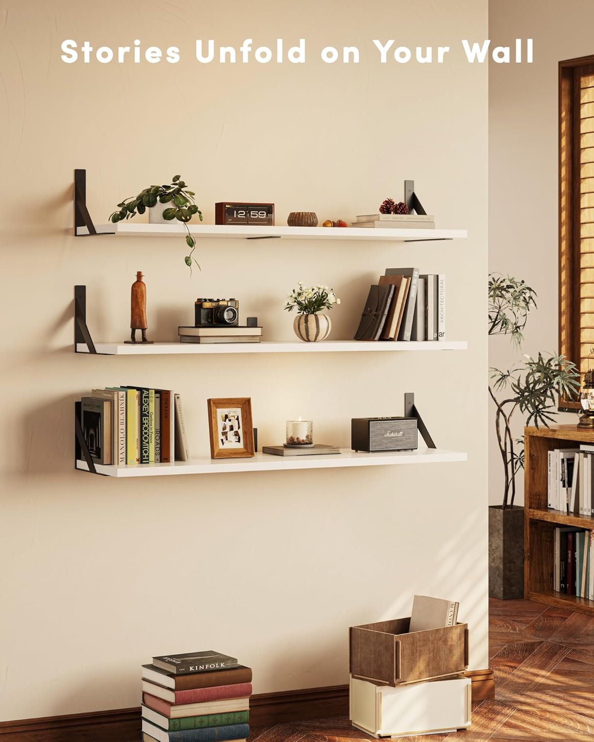 White Wall Shelves, 36 Inches Floating Book Shelves, Long Wall Shelf, Hanging Book Shelves, Long Large Deep Floating Shelf for Kitchen Bedroom