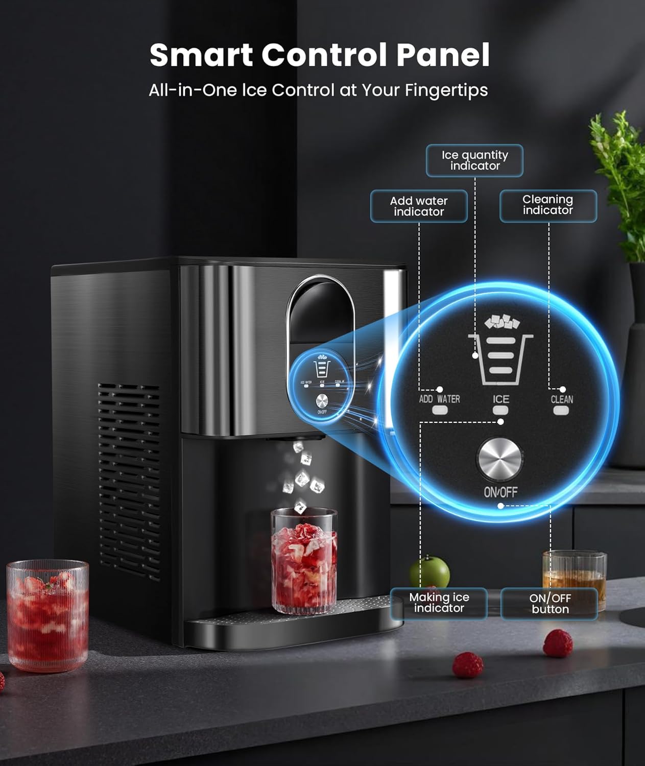 Nugget Ice Maker Countertop, 44lbs/24H Soft Chewable Pellet Ice Maker Machine Dispenser with Water Reservoir, Self-Cleaning, Pebble Ice Machine for Home Kitchen, Office, Black Stainless