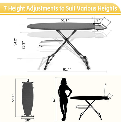 Full Size Ironing Board, 18x51 Iron Board with Metal Panel Stretchable Iron Rest, Adjustable Height Heavy Duty Heat & Scorch Resistant Cover Ironing Board, for Home, Laundry, Black