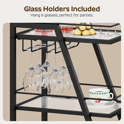 Bar Cart, 3-Tier Bar Cart for The Home, Home Bar Serving Cart with Glass Holders, Beverage Cart for Kitchen, Dining, Party Room, Black BC03BK