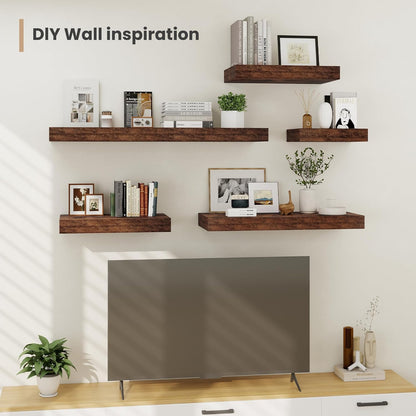 Heimlove 12 Inch Deep Floating Shelves, 12 x 12 inches Long Wall Shelf, Large Extra Display Shelf & Storage Shelf, Rustic Wood Wall Shelves for Fireplace Mantel, Brown - 2Pack