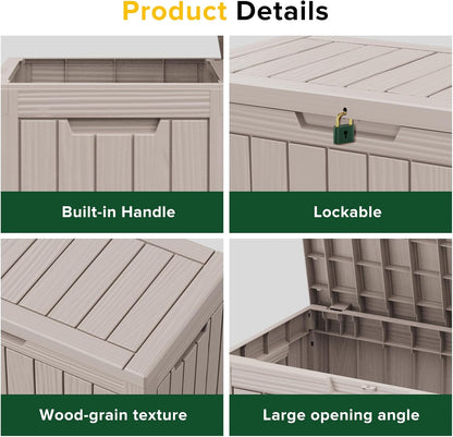 DRATO 45 Gallon Deck Box, Outdoor Storage Box for Patio Furniture, Patio Cushions, Gardening Tools, Pool Supplies 480lbs Weight Capacity,Waterproof Resin Storage Boxes (Light Brown, 45Gal)