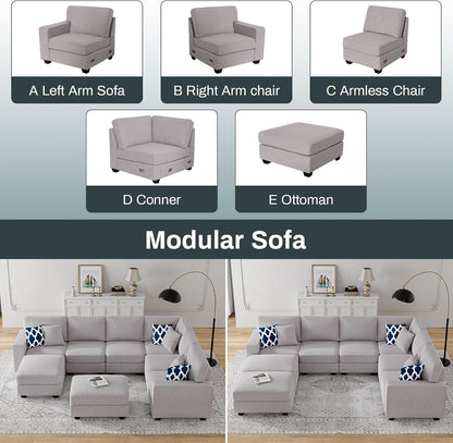 L Lengend Vansen Modular Sectional Sofa U Shaped Couch with Ottoman Modern Reversible Corner Sectional Couch for Living Room (Light Grey, U Shaped Sofa-3)