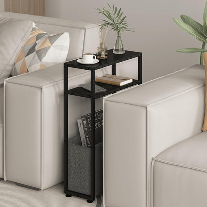Narrow Side Table, Slim End Tables with Fabric Basket, Skinny Table for Small Spaces, Thin Bedside Table for Living Room, Bedroom (1, Ebony Black + Slate Gray)