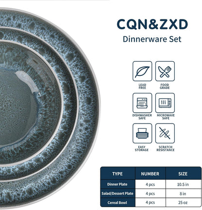 CQN&ZXD Ceramic Plates and Bowls Sets, 12 Pieces, Hand-Crafted Dishes set for 4 with Flowing Reactive-Glaze, Microwave & Dishwasher Safe Dinnerware Sets, Modern Style, Elegant Grey & Wave Blue