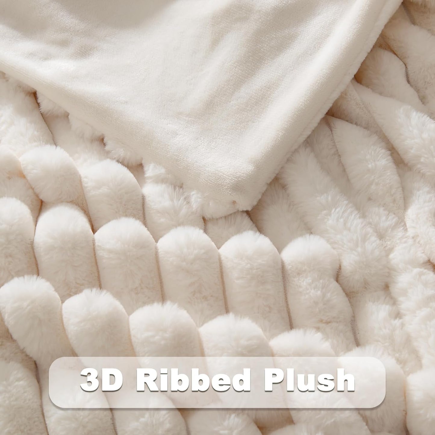 NEWCOSPLAY Faux Fur Throw Blanket Ivory 3D Ribbed Plush Thick Warm Blanket for Couch Sofa Bed 850GSM (Ivory Ribbed, Throw(50"x60"))