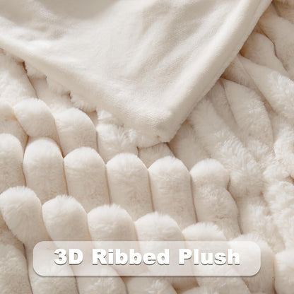 NEWCOSPLAY Faux Fur Throw Blanket Ivory 3D Ribbed Plush Thick Warm Blanket for Couch Sofa Bed 850GSM (Ivory Ribbed, Throw(50"x60"))