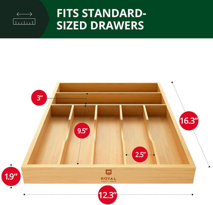 ROYAL CRAFT WOOD Luxury Bamboo Utensil Rack and Silverware Organizer, Kitchen Drawer Organizer - Utensil Holder and Cutlery Tray with Grooved Drawer Dividers for Flatware 7 Slot, Natural