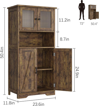 GarveeHome 54in Tall Bathroom Cabinet, Farmhouse Storage Cabinet with Glass Doors and Adjustable Shelves, Freestanding Kitchen Pantry Cabinets, Cupboard for Living Room, Dining Room, Rustic Brown