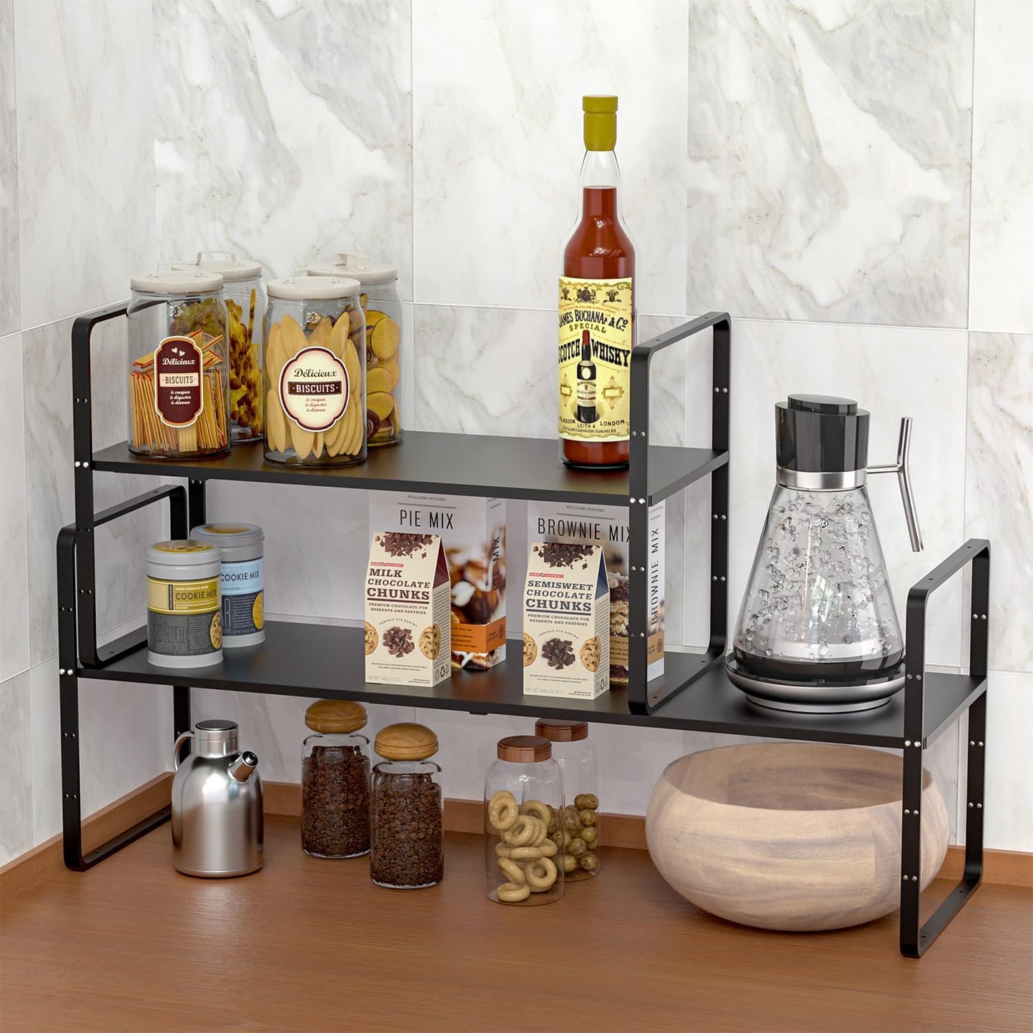 iPEGTOP Expandable Cabinet Storage Shelf Organizer Rack, Heavy Duty Steel Metal Spice Rack Adjustable Height Home Office Garage Pantry Shelf Space Riser for Counter Kitchen Organization, Black, 3 Pack