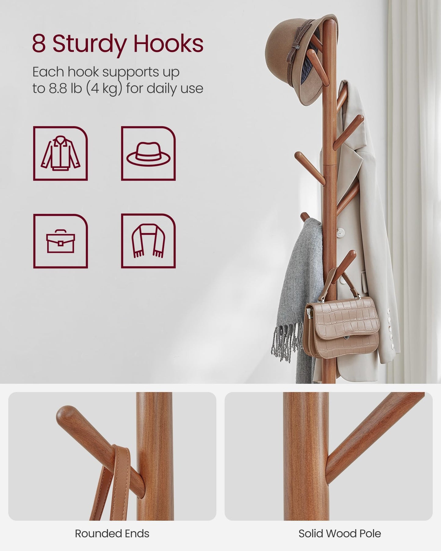 VASAGLE Coat Rack, Free Standing Coat Stand, Hall Coat Tree with 8 Hooks and Storage Shelf, 67.2