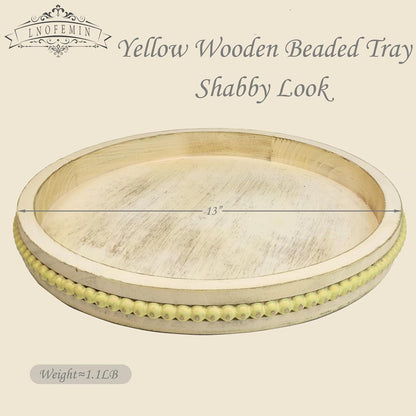 Round Wood Serving Tray with Beads, Yellow Washed Wooden Decorative Tray for Entertaining, Decoration, and Gifting