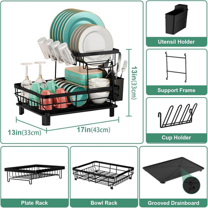 MOUKABAL Dish Drying Rack, 2 Tier Dish Rack, Large Dish Racks for Kitchen Counter, Dish Drainer with Removable Utensil Holder, Drainboard (Black)