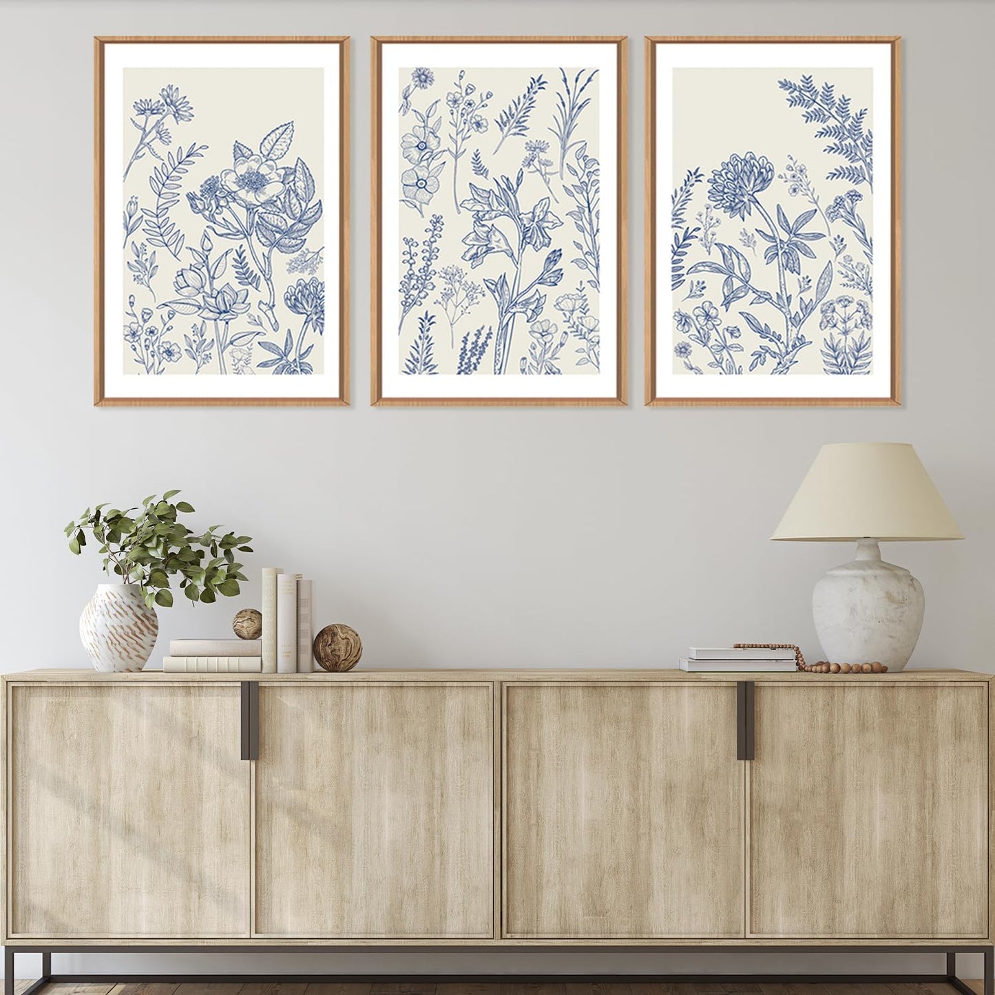 HPINUB Classic Chinoiserie Floral Framed Canvas Wall Art Set,Watercolor Blue and White Botanical Flowers Wall Decor,Navy Blue Minimalist Wildflower Art Print for Living Room,Bedroom,Office-24x36x3