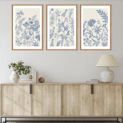 HPINUB Classic Chinoiserie Floral Framed Canvas Wall Art Set,Watercolor Blue and White Botanical Flowers Wall Decor,Navy Blue Minimalist Wildflower Art Print for Living Room,Bedroom,Office-16 x24 x3