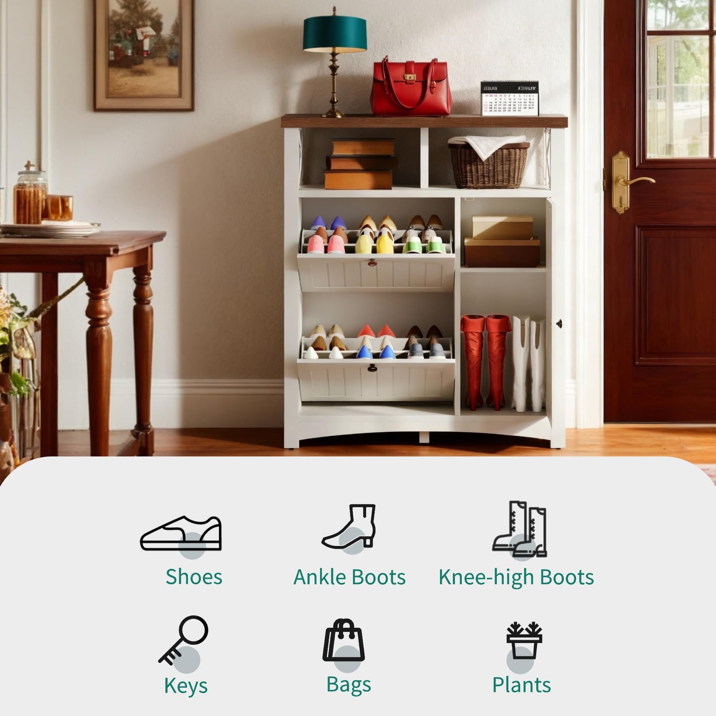 YITAHOME Farmhouse Shoe Cabinet with 2 Flip Drawers, Wood Shoe Rack w/Adjustable Shelves and Open