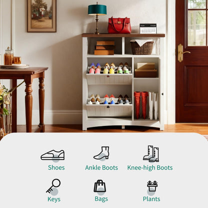 YITAHOME Farmhouse Shoe Cabinet with 2 Flip Drawers, Wood Shoe Rack w/Adjustable Shelves and Open