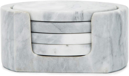 Fox Run Natural Polished Marble Coasters, Set of 4 White Coasters With Holder