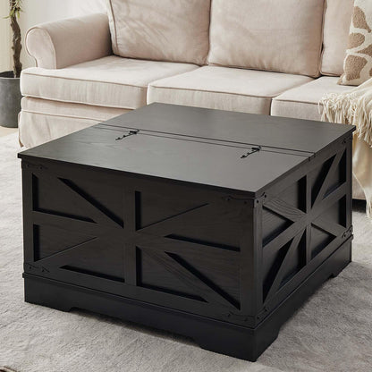 Black Coffee Table with Storage, Cocktail Table with Hinged Lift Top, Farmhouse Square Wood Center Table with Large Hidden Storage Compartment for Living Room, Square Coffee Table, Metal Edges Decor