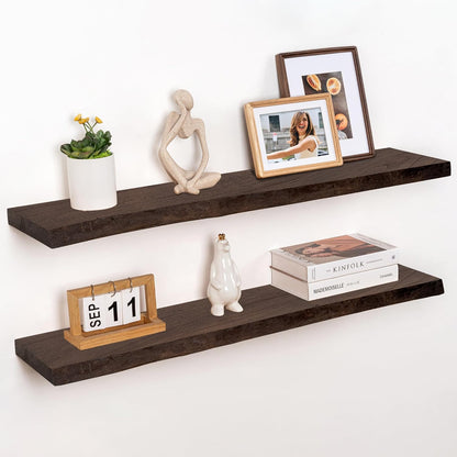 RICHFOCUS Live Edge Elm Floating Shelves - 40" W x 9.3" D Rustic Solid Wood Wall Shelves with Invisible Bracket, Wall-Mounted for Living Room, Bedroom, Kitchen Storage & Display, Set of 2, Walnut