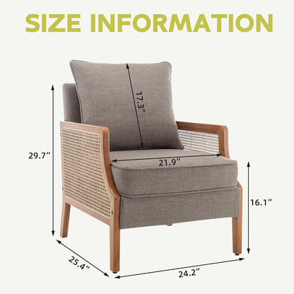 HAOBO Home Mid Century Modern Accent Chair Upholstered Living Room Chairs Armchair with Rattan Armrest Comfy Reading Chair with Wood Frame Lounge Side Chair with Waist Cushion