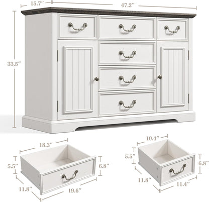 EnHomee White Dresser for Bedroom with 6 Drawer & 2 Doors,Wood Dressers & Chests of Drawers,Farmhouse TV Stand,Entryway,Antique White