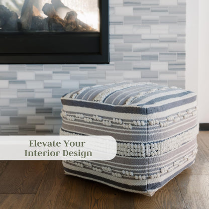 Pouf Ottoman, Square Hand Woven Loop and Striped Ottoman Pouf for Living Room or Bedroom, Floor Chair, Foot Rest or Decorative Home Decor