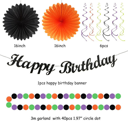 Black-Green Orange-Purple Halloween Birthday Party-Decorations - 21pcs Happy Banner,Paper Lanterns Honeycomb,Tissue Pom Poms Flower Fan,Kids Classroom Hanging Streamers Garland Decor Supplies Huglony