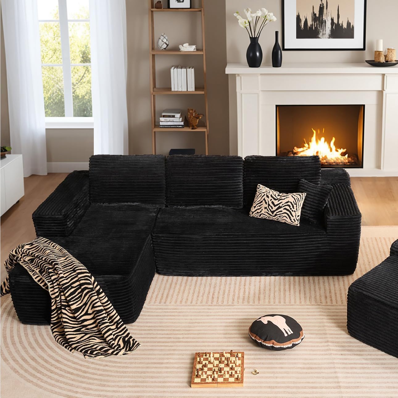 HOOOWOOO Cloud Sectional Couches for Living Room,Modular Sectional Sofa No Assembly,Plush Corduroy Large Floor Couch Furniture Set with Deep Seat Left Chaise L Shape(Black)