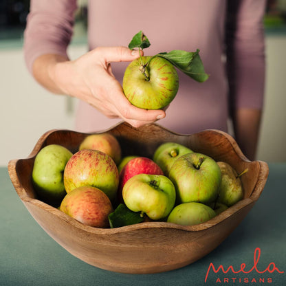 Mela Artisans Wooden Scalloped Bowl - Large | Ruffle Decorative Style | Rustic Kitchen Decor | Mango Wood | Natural Grain Finish | Fits Bread, Fruits, Salad or Popcorn | 12” x 4” x 11”