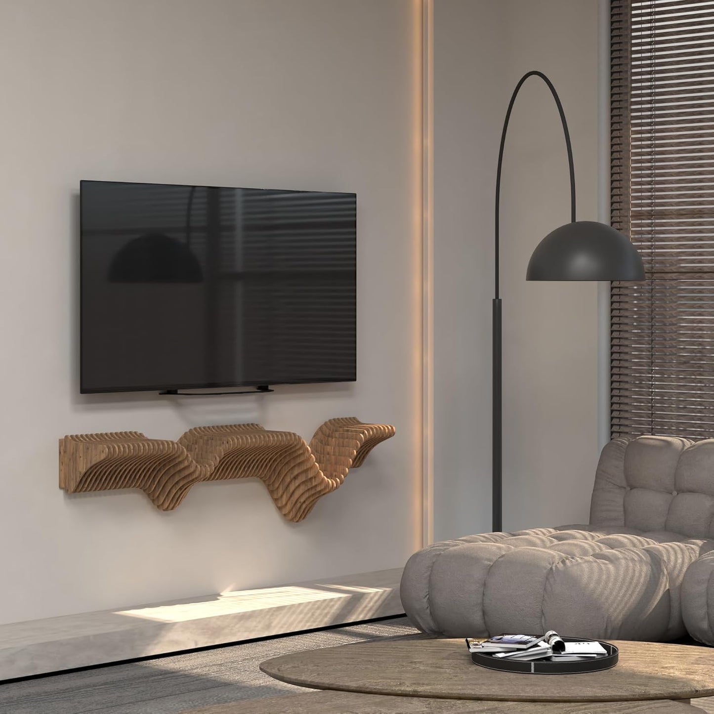 Parametric 40 inch Floating Shelf TV Unit Modern Geometric Wooden Wall Piece Decor Natural Oak Color 3D Wavy Living and Gaming Room Shelf