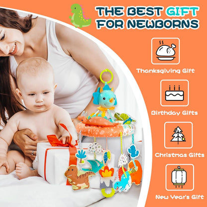 Jollybaby Nursery Baby Automatic Rotating Dinosaur Crib Mobile with Music Box & Arm, Montessori Sensory Musical Hanging Toy for Bassinet, Newborn Clip on Crib Mobile Soother Toy Gift, Polyester