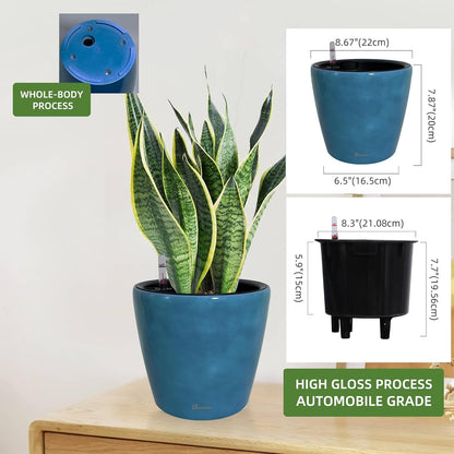 Dexceder 9x8 Inches Self Watering Planter Indoor Outdoor, Inner Pot Design, Thickened Table Flower Plant Pot with Water Level Indicator (Peacock Blue Gradient)