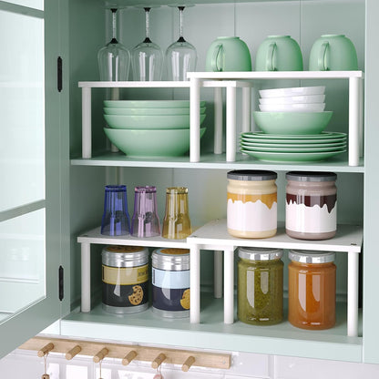 Cabinet Organizer Shelf(Set of 2),Kitchen Counter Shelves,Bamboo Spice Rack Countertop and Cabinet,Stackable Expandable,Medium,(White)