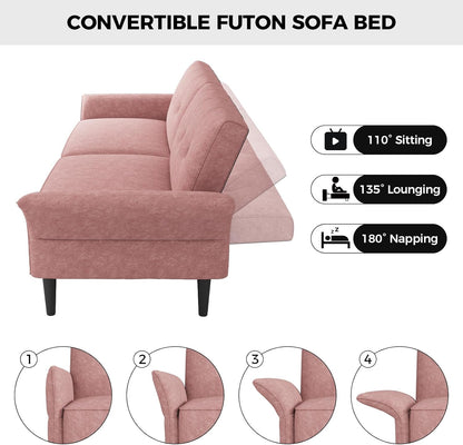89” Futon Sofa Bed, Velvet Fabric Futon Couch Bed with 2 Square Pillows, Convertible Sleeper Sofa with Adjustable Backrest& Armrests, Modern Loveseat Sleeper for Living Room, Bedroom, Pink