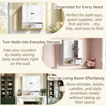 White Bathroom Cabinet Wall-Mounted, Storage Cabinets with Adjustable Shelves, Space-Saving Organizer with 2 Doors for Bathroom, Laundry, Kitchen - Moisture Resistant & Easy Install