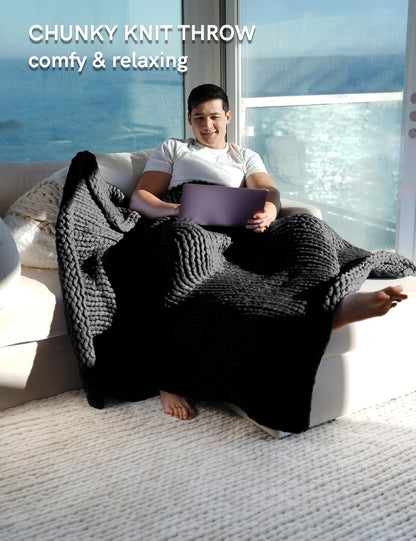 YnM Chunky Throw Blanket, Medium-Weight, Hand Knitted, Skin Friendly, Ventilated and Breathable, Machine Washable, Home Décor Piece for Couch, Sofa and Bed (Black, 60x80 Inch)