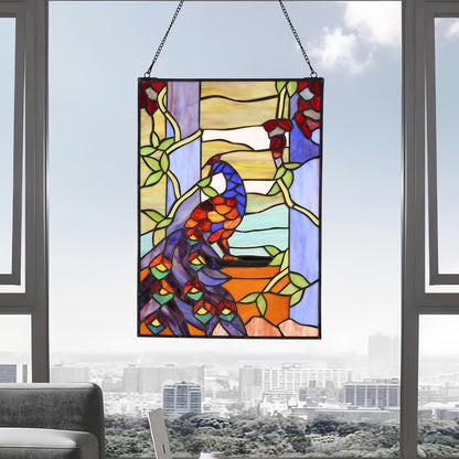 YOURANJU Stained Glass Window Hanging 16" H x 11" W Tiffany Style Rectangular Window Panel Suitable for Living Room Bedroom Kitchen Window Decoration Hangings with Chain (Peacock)