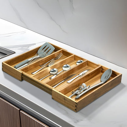 VaeFae Acacia Kitchen Silverware Organizer, Cutlery Drawer Organizer with 5 Compartments, Wooden Utensil Holder for Flatware and Cooking Tools