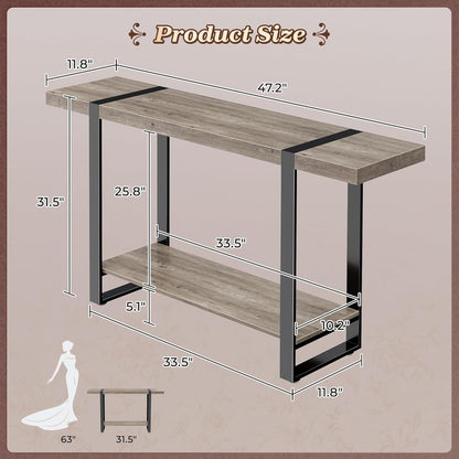 Huuger 47.2 Inch Entryway Table, 2-Tier Industrial Console Sofa Table with Storage, Accent Table, for Entry, Hallway, Entrance, Foyer, T-Shaped Metal Frame, Grey