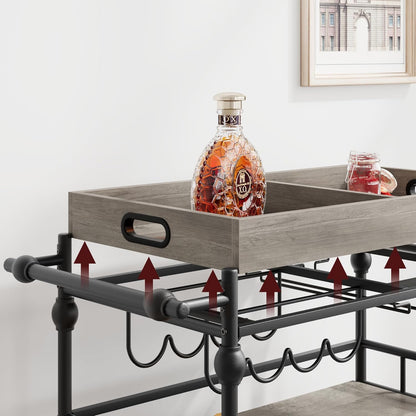 GarveeHome Bar Cart, Bar Carts for The Home, 3 Tier Serving Cart with Wheels, Home Bar & Serving Carts, Metal Rolling Cart with Wine Rack & Removable Tray for Kitchen, Dining Room, Living Room-Grey