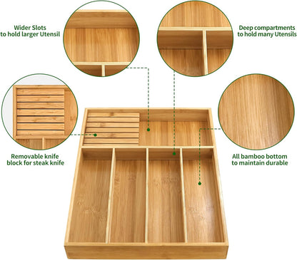 VaeFae Bamboo Silverware Organizer (Non-expandable), Utensil Holder for Drawer, Wooden Cutlery Tray with Divider for Kitchen Drawer, Utensil Organizer with Knife Block
