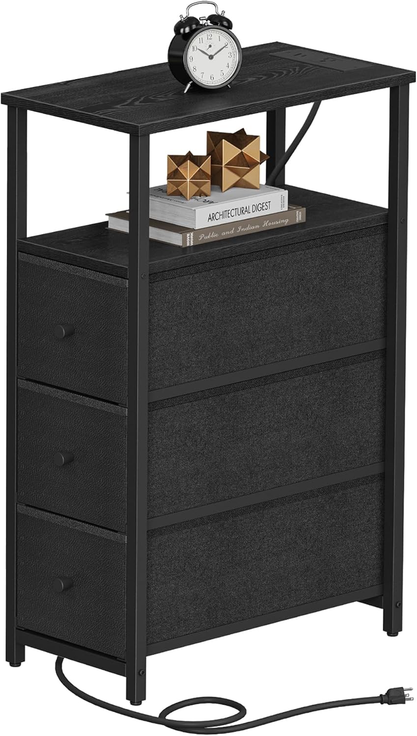 TUTOTAK Narrow Night Stand with Charging Station, Slim End Table with Plugins, Tall Side Table with