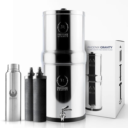 Gravity Water Filter System - 3.25 Gallons - NSF Certified - AISI 304 Stainless Steel Countertop Water Filter System with 2 Smart (Black) Carbon Filter Elements & Free Stainless Steel Water Spigot