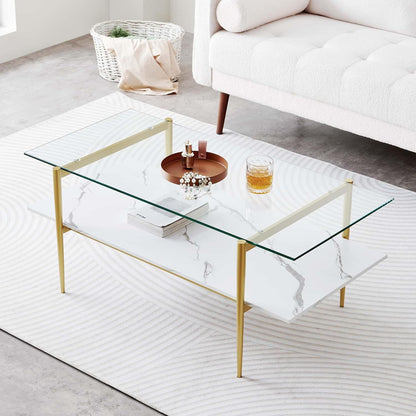 Rectangle Coffee Table for Living Room, Mid-Century Modern Design, L41 x W21 x H17, 2-Tier Structure, Clear Glass Top and White Marble Finish Wood Shelf, Conical Legs with Gold Finish